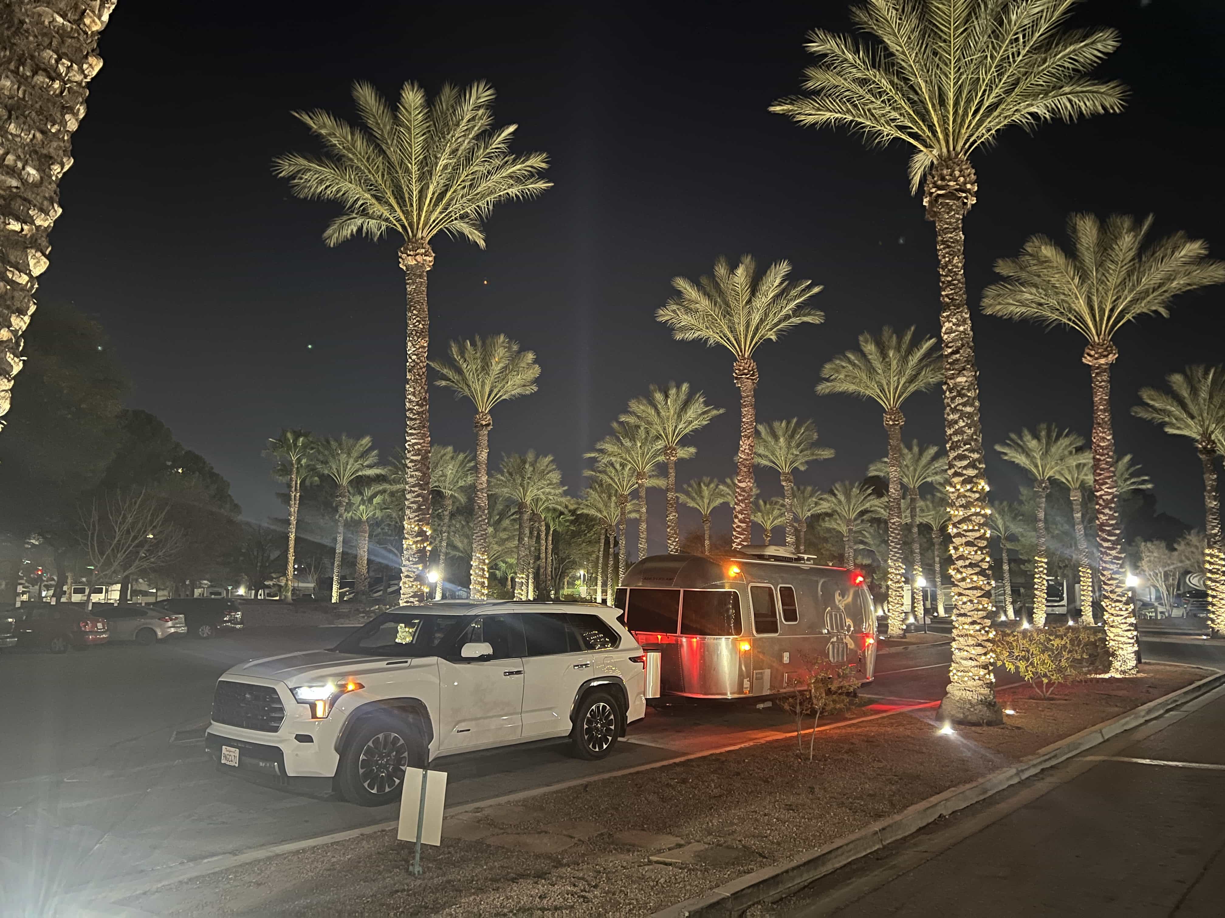 The Airstream parked under palm trees at night
